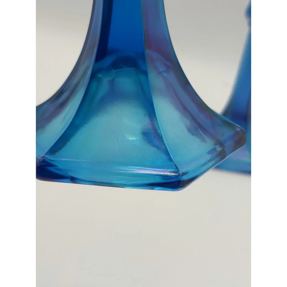 Fenton Florentine Celeste Blue Iridescent Carnival Art Glass Candle Sticks